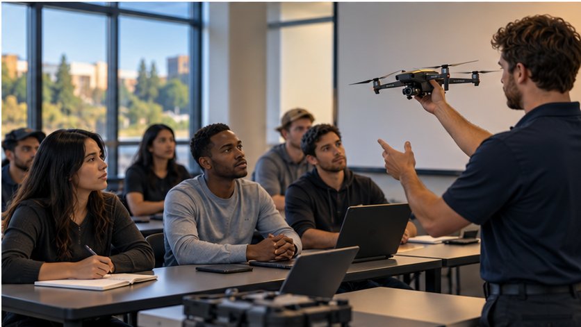 Students learning about drones in a classroom