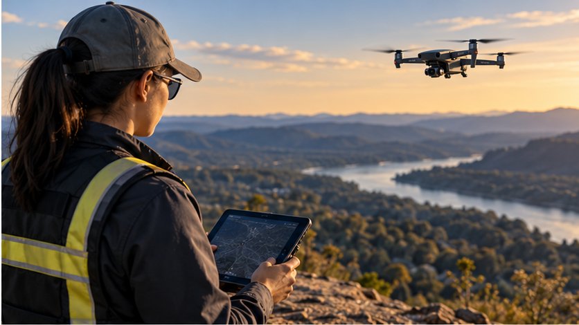 Remote pilot planning a mapping mission with a drone