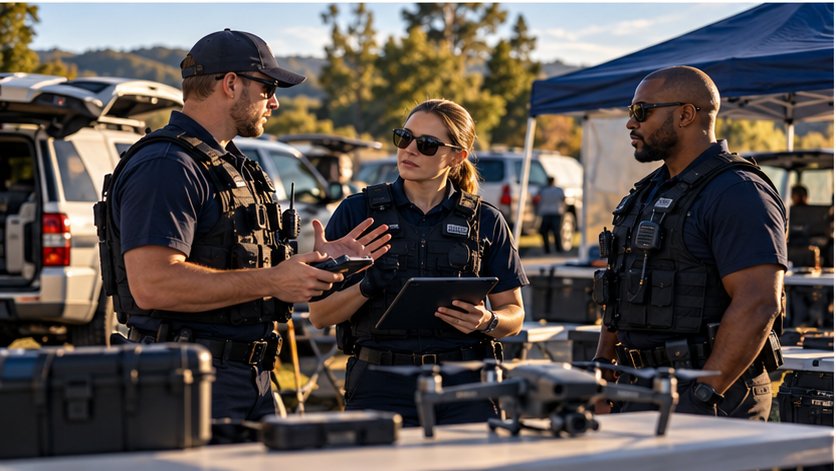 Public safety personnel discussing a UAS field exercise